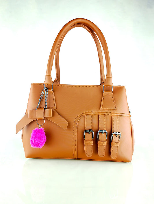 Light Brown Faux Leather Handbag – Triple Buckle Design with Pink Charm